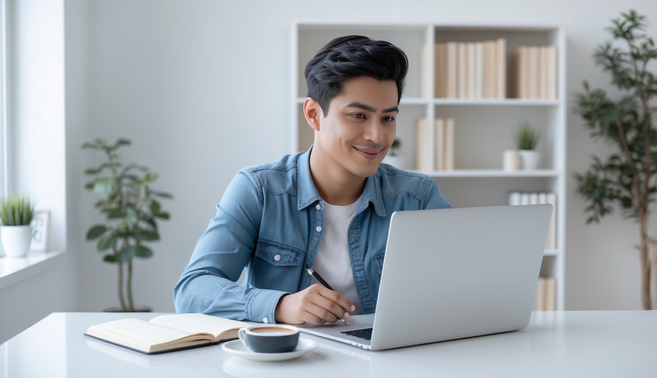 Seorang dewasa muda duduk di meja kerja dengan laptop, terlihat fokus dan serius dalam suasana kantor rumah yang terang dan rapi.
