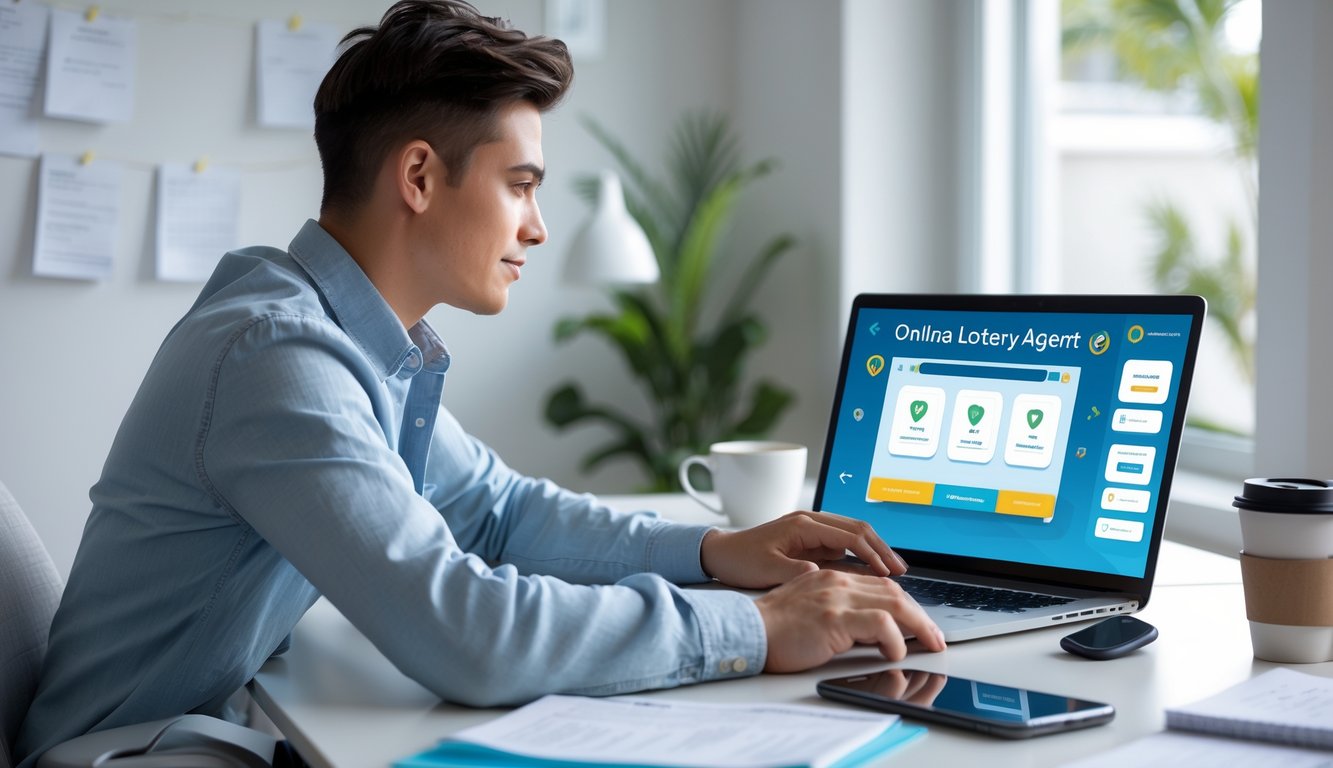 Seseorang sedang duduk di meja kerja dengan laptop, fokus mencari informasi tentang bandar togel online terpercaya.