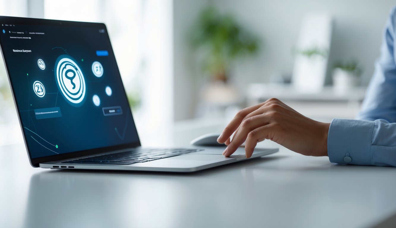 Seseorang menggunakan komputer di meja kerja yang rapi dengan latar belakang kabur, menunjukkan konsep platform lotere online yang terpercaya dan mudah digunakan.