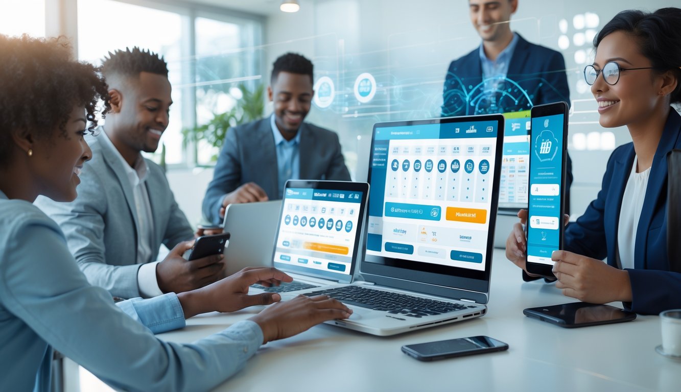 Orang-orang menggunakan perangkat digital di lingkungan kantor modern yang terang, menunjukkan aktivitas taruhan togel online yang cepat dan terpercaya.