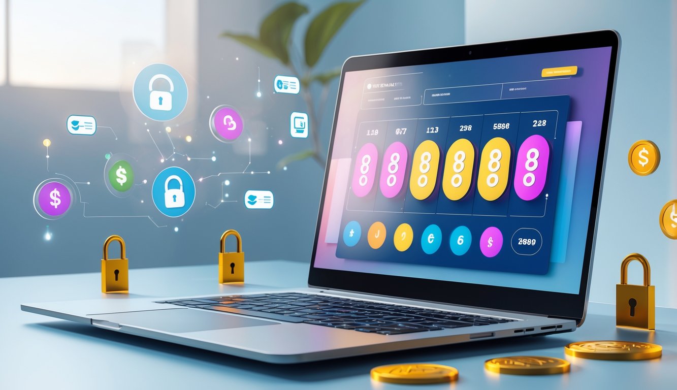 Sebuah laptop modern menampilkan antarmuka lotere digital dengan ikon pembayaran dan simbol keamanan di sekitarnya.