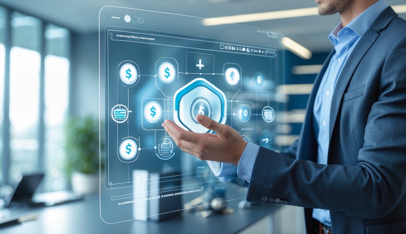 Seorang profesional sedang berinteraksi dengan antarmuka digital yang menampilkan simbol pembayaran aman dan angka lotere di kantor modern.