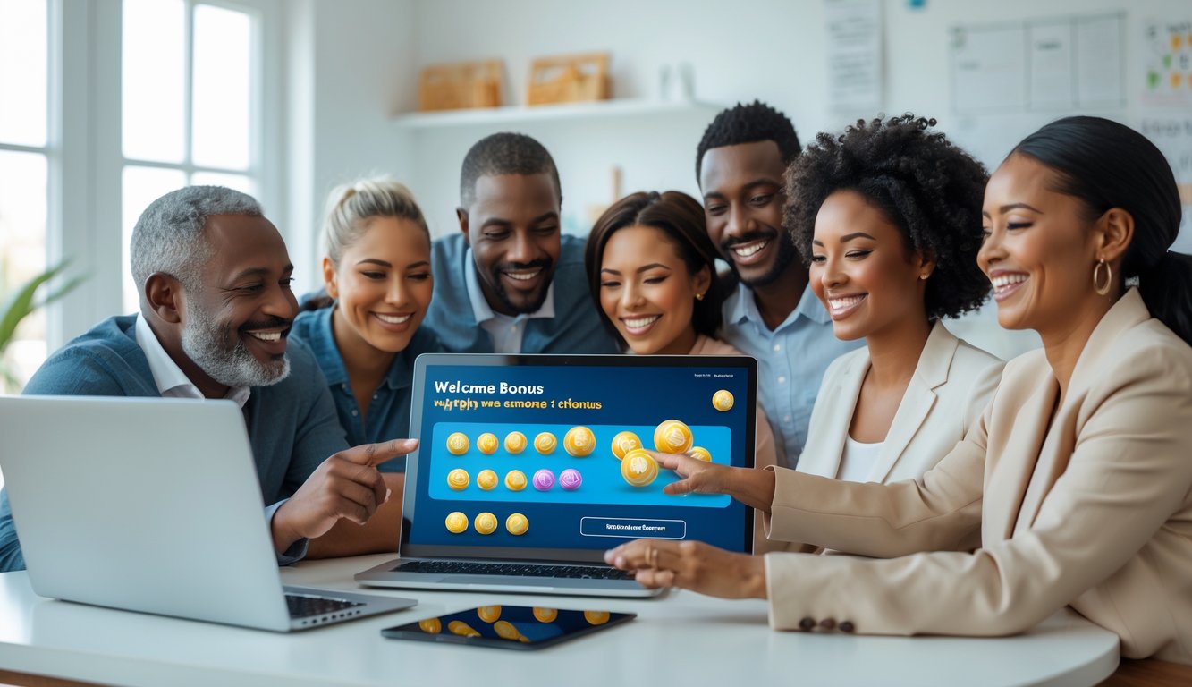 Sekelompok orang tersenyum menggunakan laptop dan ponsel di ruang tamu yang terang, menunjukkan suasana senang dan percaya diri saat bermain lotere online.