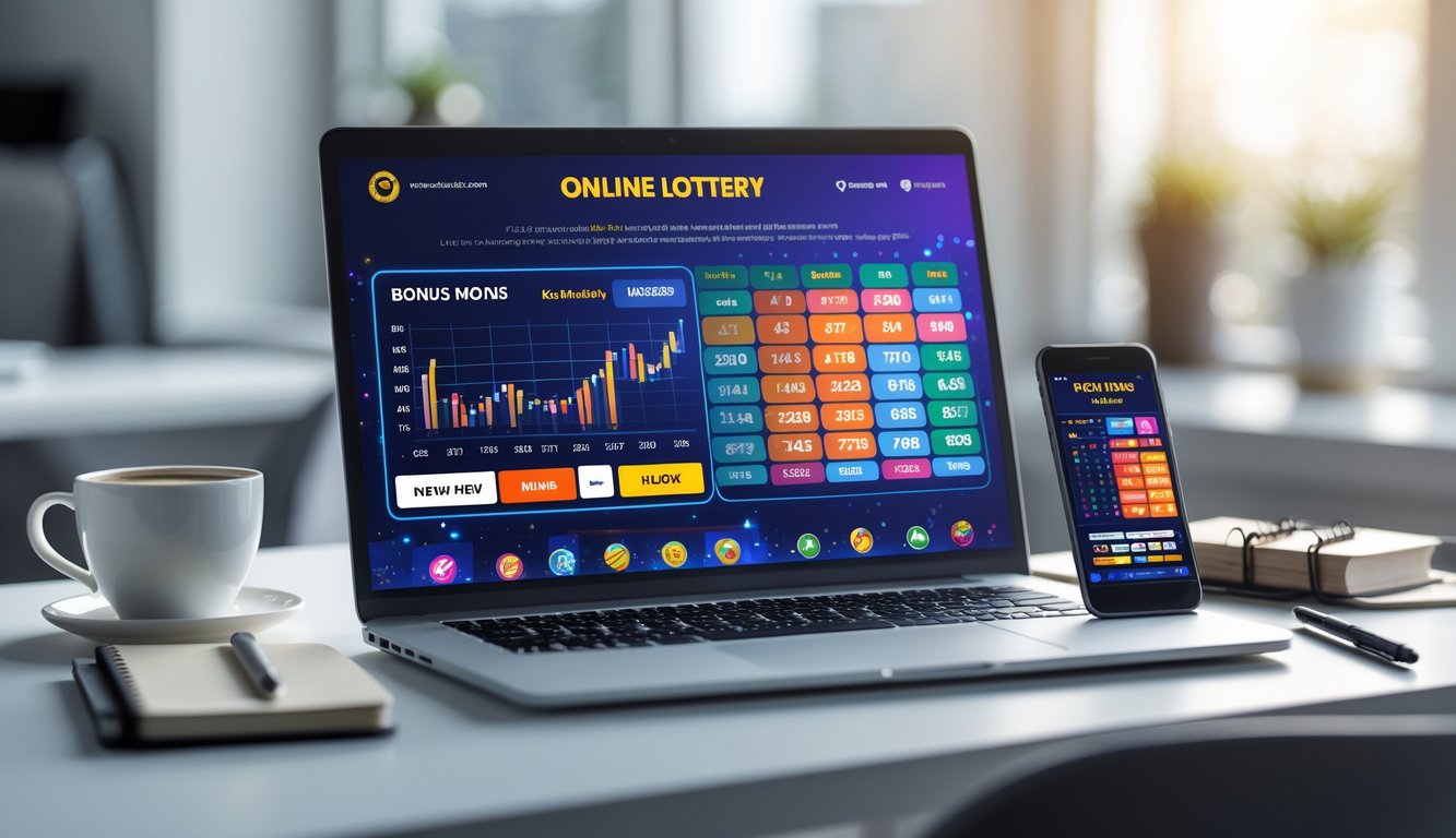 Meja kerja modern dengan laptop dan ponsel yang menampilkan situs togel online, dikelilingi oleh alat tulis dan secangkir kopi.