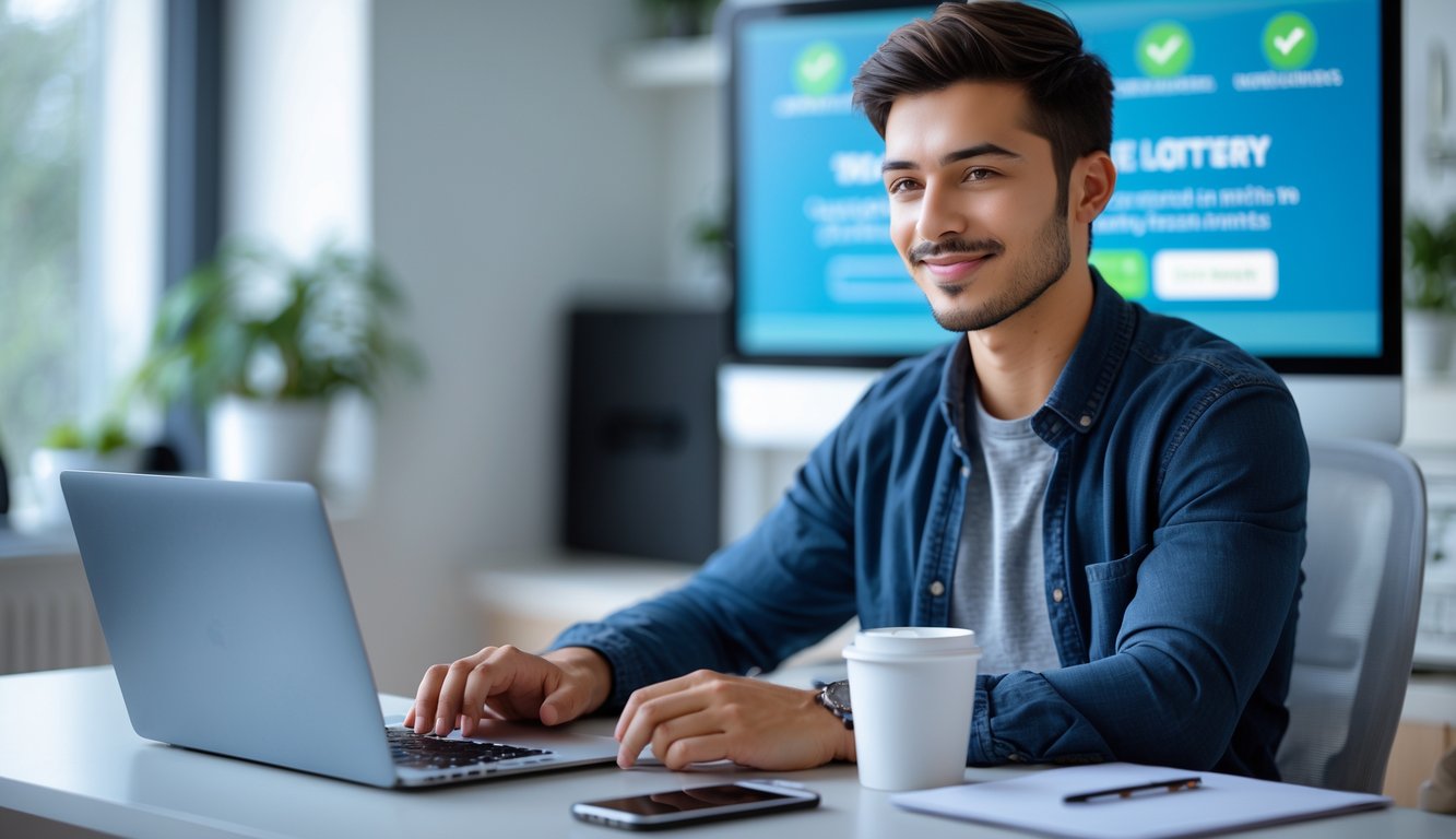 Seorang pria muda duduk di meja kerja dengan laptop, terlihat fokus dan percaya diri di ruang kantor rumah yang terang dan rapi.