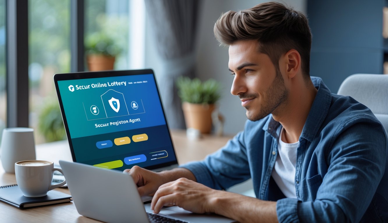 Seorang pria muda duduk di meja kerja dengan laptop, terlihat fokus saat menggunakan situs togel online yang aman.