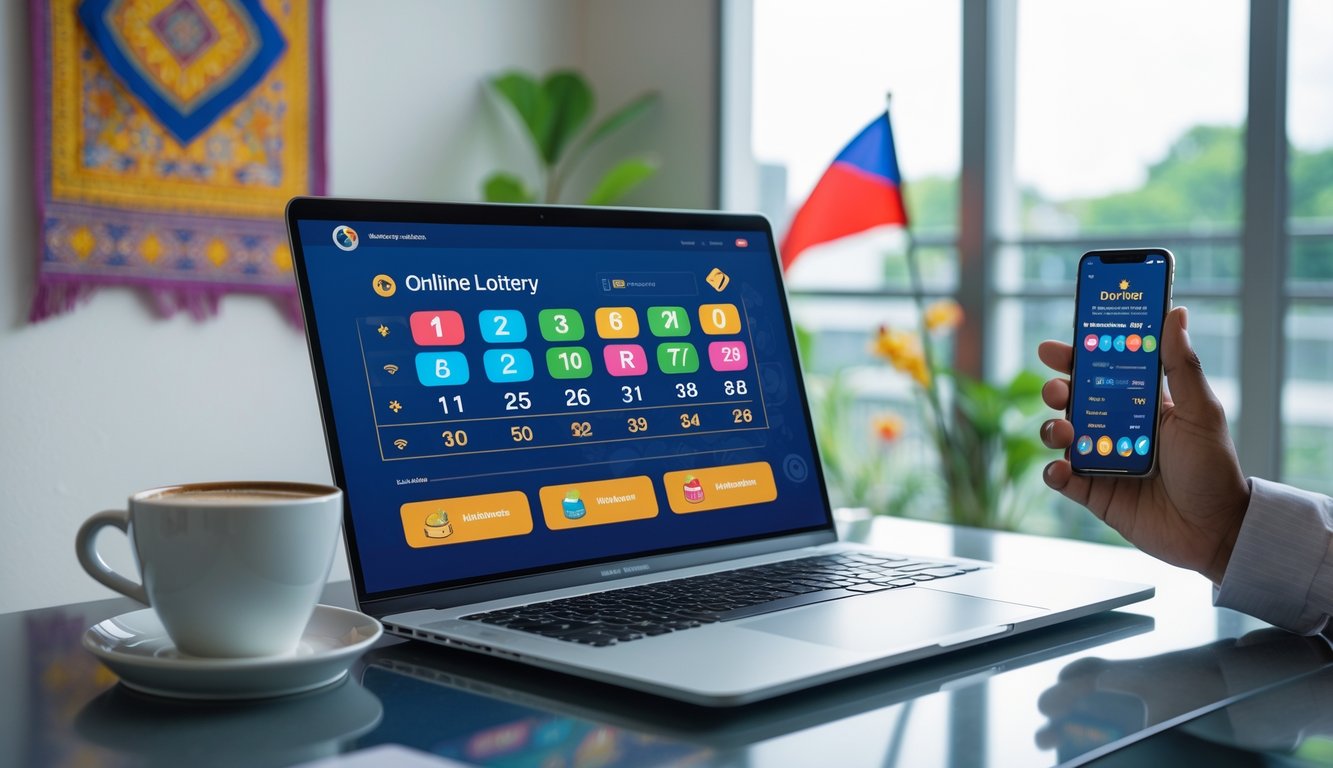 Meja kerja modern dengan laptop dan ponsel yang menampilkan aplikasi togel online, dilengkapi dengan cangkir kopi dan hiasan batik di latar belakang.