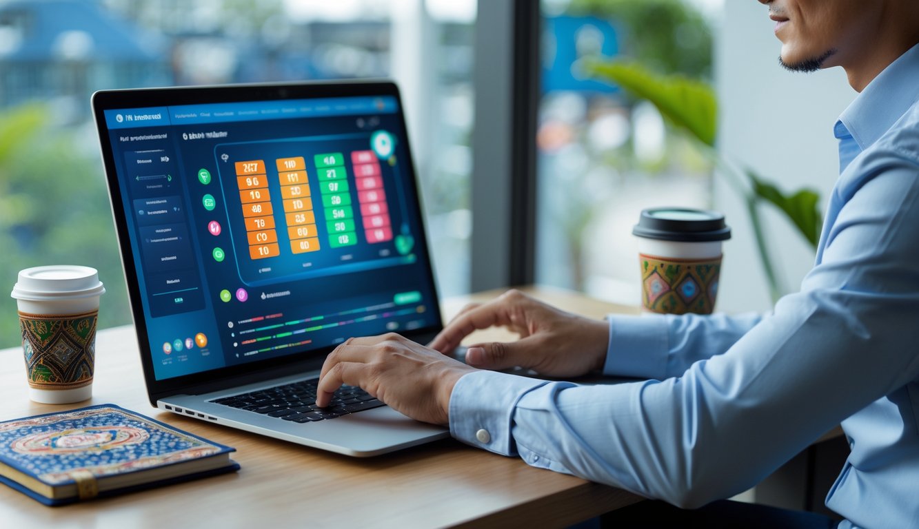 Seorang profesional menggunakan laptop di meja kerja dengan elemen budaya Indonesia di latar belakang, menggambarkan konsep bandar togel online terpercaya di Indonesia.