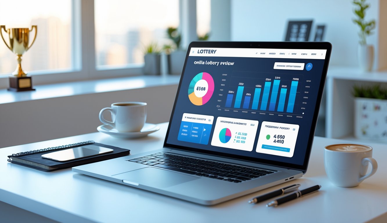 Sebuah ruang kerja modern dengan laptop menampilkan data dan grafik terkait lotere online, dikelilingi oleh smartphone, cangkir kopi, dan buku catatan di meja yang rapi.