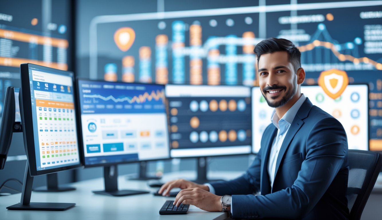 Seorang profesional sedang bekerja di depan beberapa monitor komputer dengan data terkait lotre online di sebuah kantor modern.