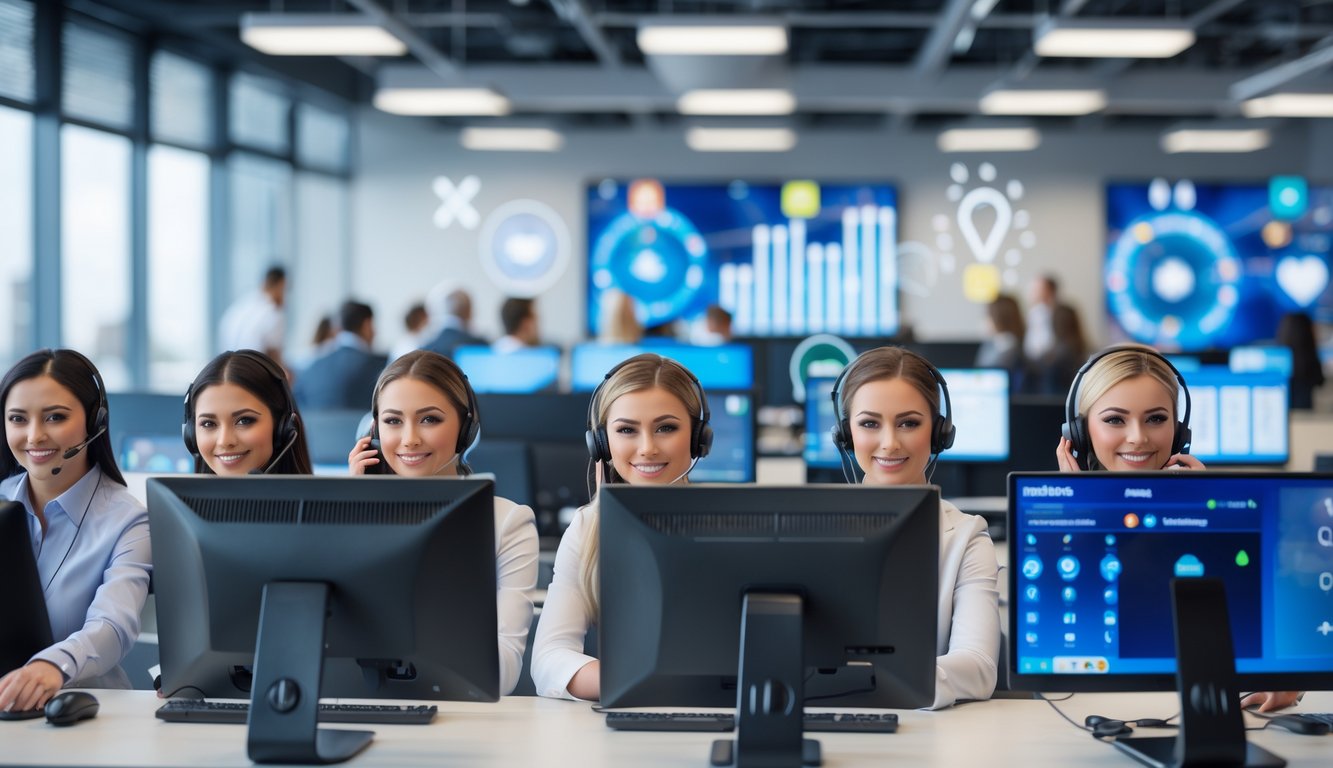 Tim layanan pelanggan yang ramah sedang bekerja di pusat layanan dengan komputer dan headset.