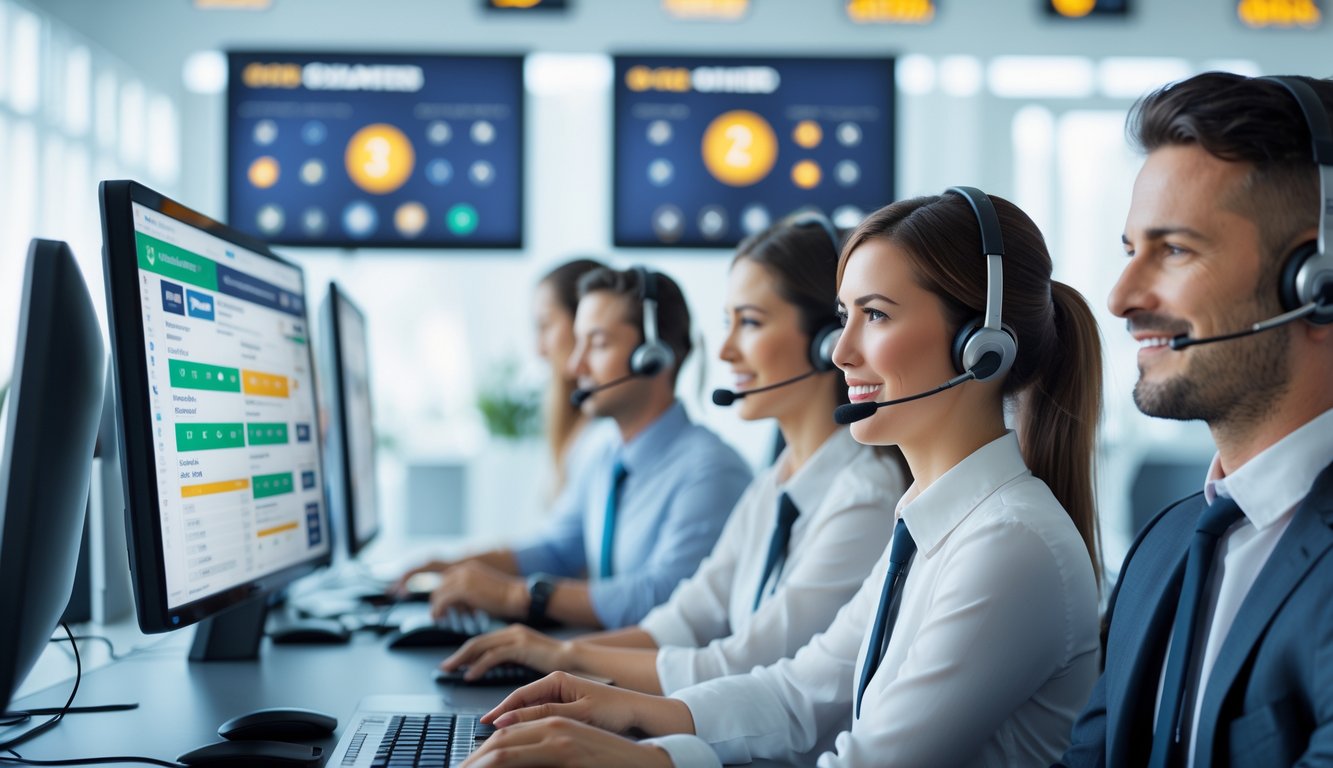 Tim layanan pelanggan sedang bekerja di kantor modern dengan komputer dan headset, menunjukkan dukungan 24 jam untuk layanan togel online.