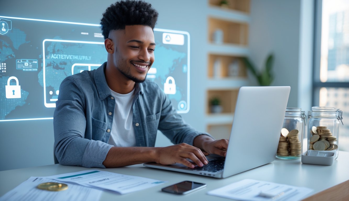 Seorang dewasa muda tersenyum menggunakan laptop di meja kerja dengan dokumen dan ponsel, menggambarkan proses penarikan uang yang cepat dan mudah pada platform togel online terpercaya.