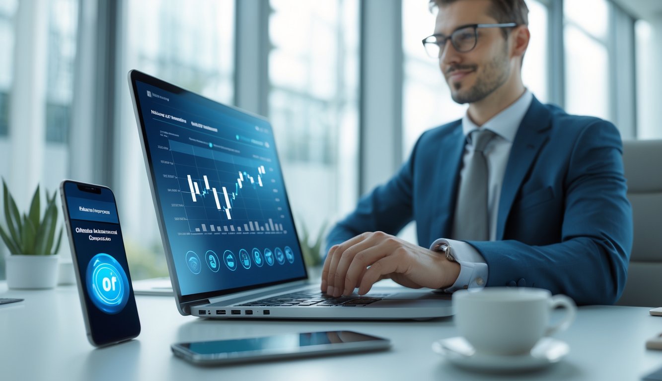 Seorang profesional menggunakan laptop di kantor modern dengan layar komputer menampilkan grafik keuangan dan ponsel menunjukkan konfirmasi penarikan cepat.