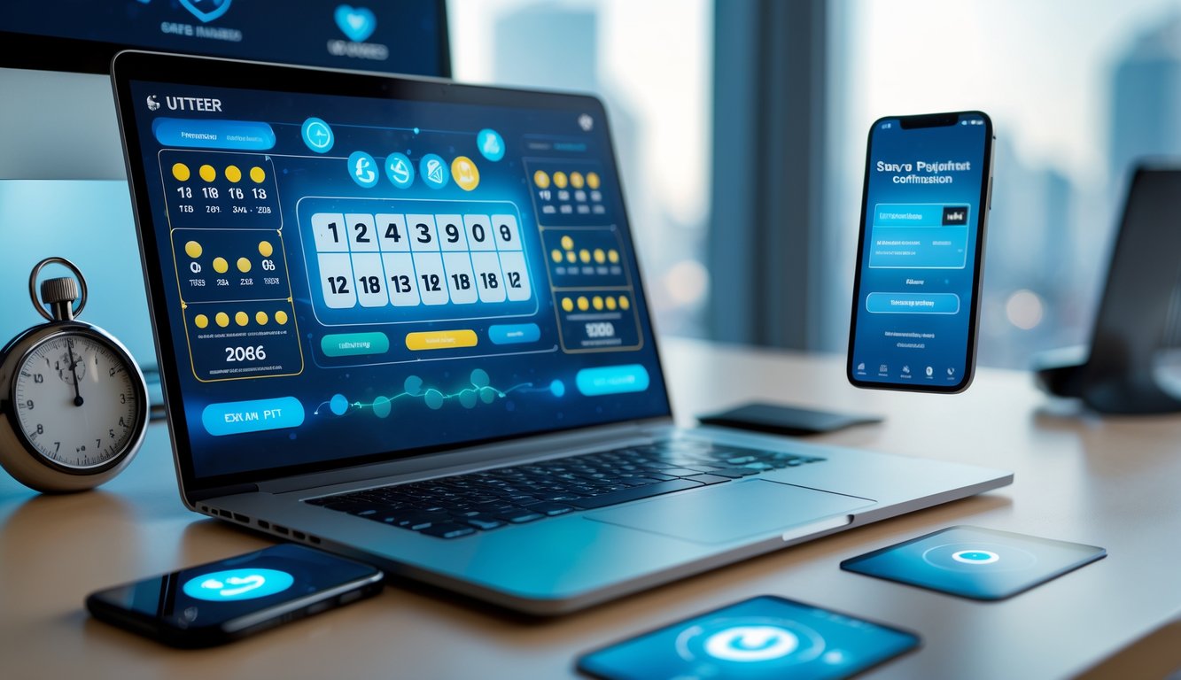 Seorang profesional menggunakan laptop dan smartphone untuk bermain togel online dengan latar belakang kantor modern.