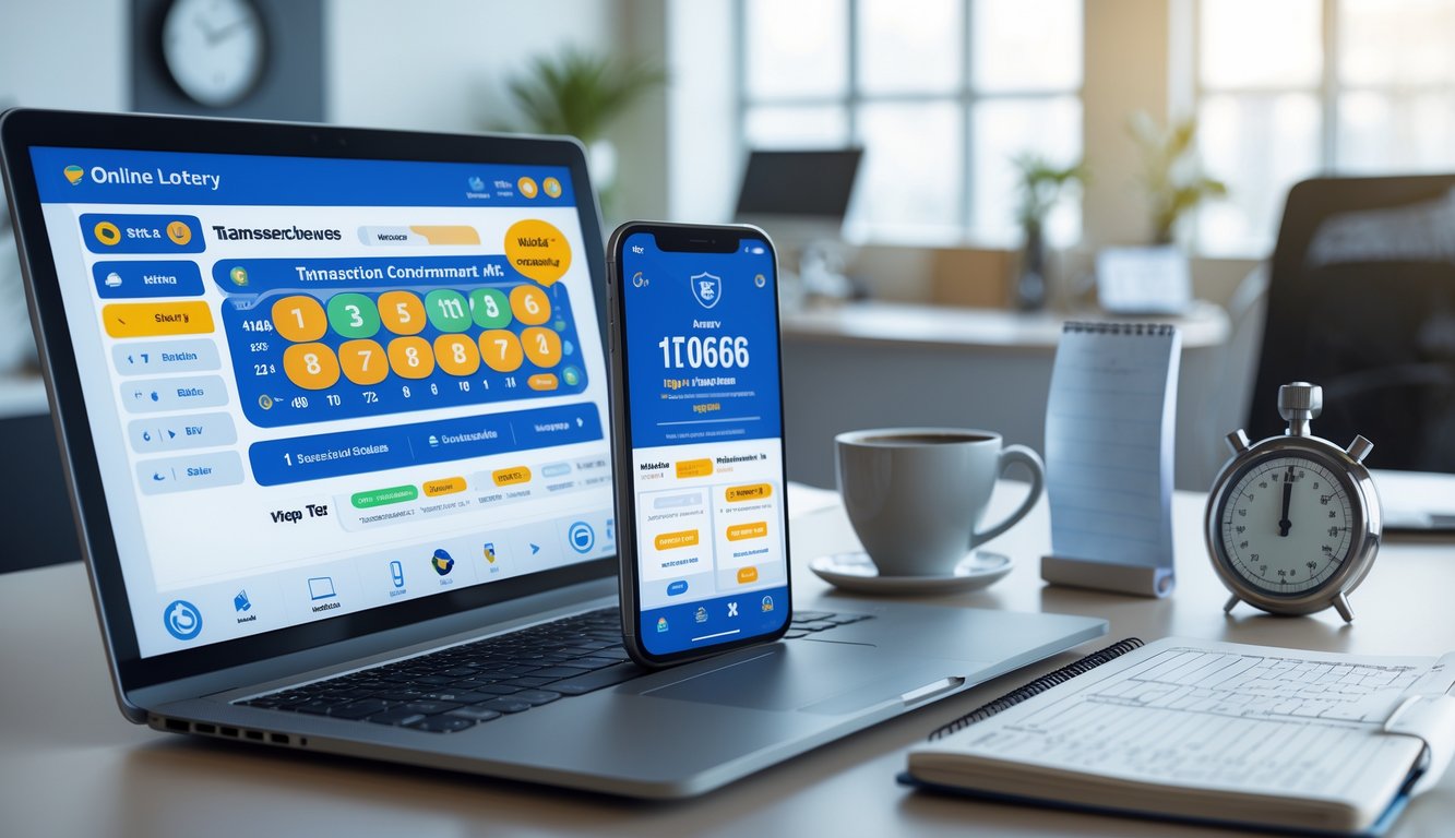Meja kerja modern dengan laptop, ponsel, dan catatan yang menunjukkan aktivitas togel online dan transaksi cepat.