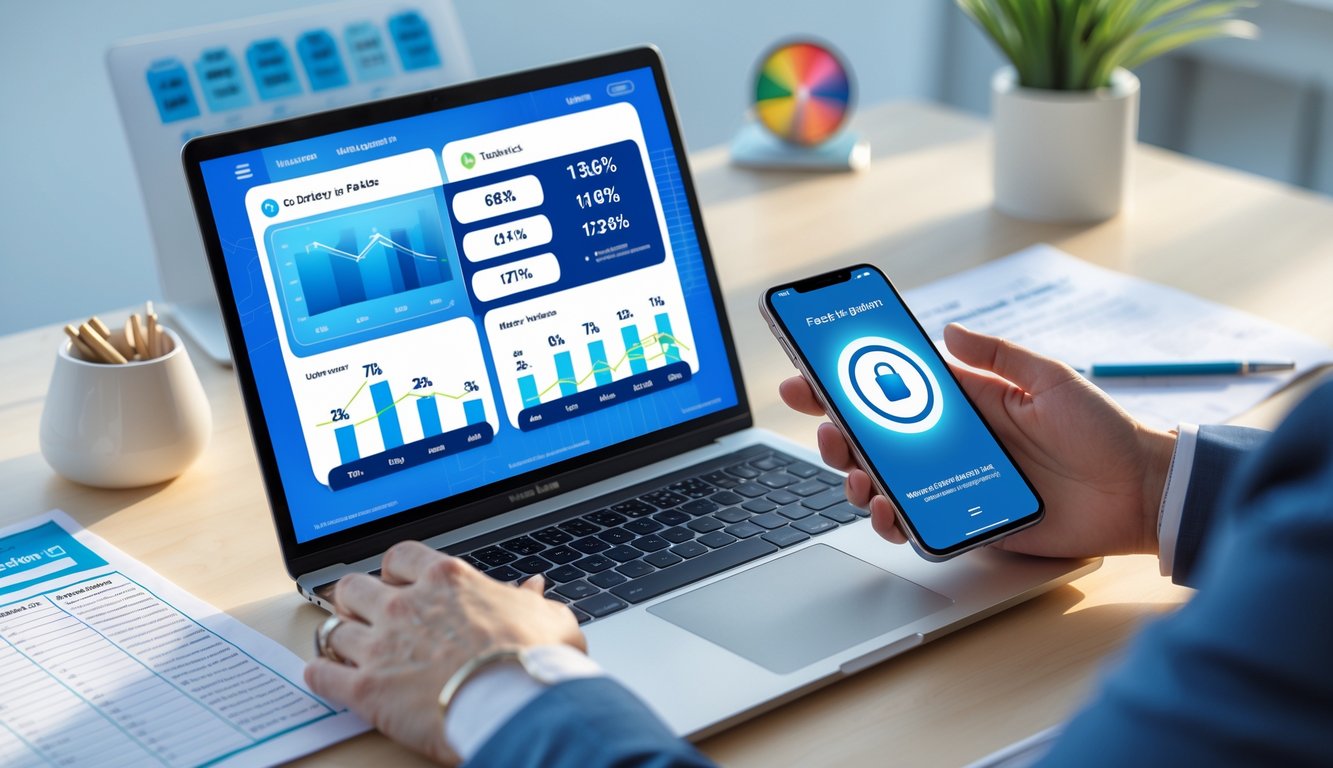 Meja kerja modern dengan laptop dan ponsel yang menampilkan grafik dan konfirmasi pembayaran cepat, tangan seseorang sedang menggunakan perangkat tersebut.