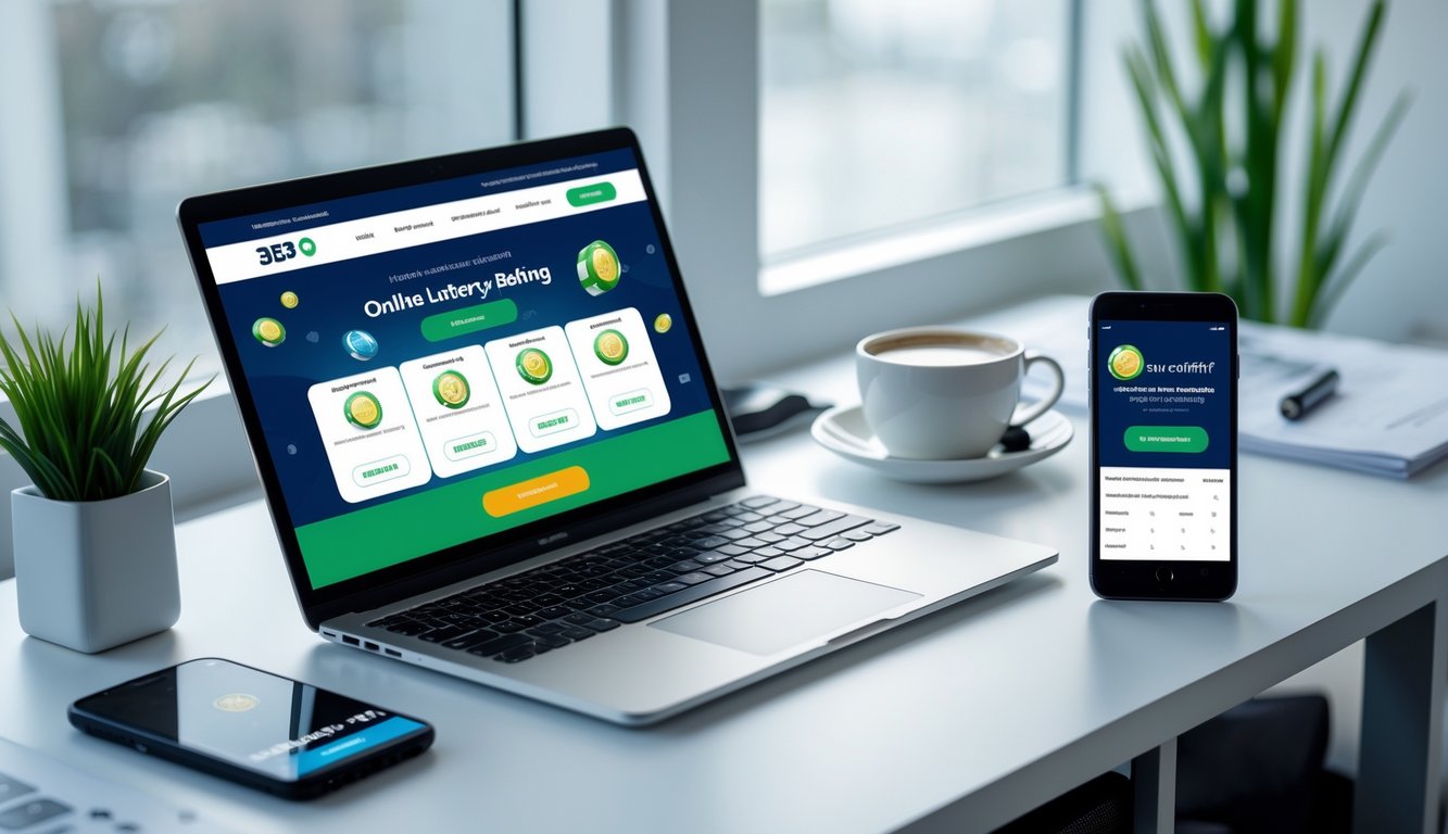 Meja kerja modern dengan laptop dan ponsel yang menampilkan aktivitas terkait situs togel online cepat dan mudah, dengan suasana terang dan rapi.