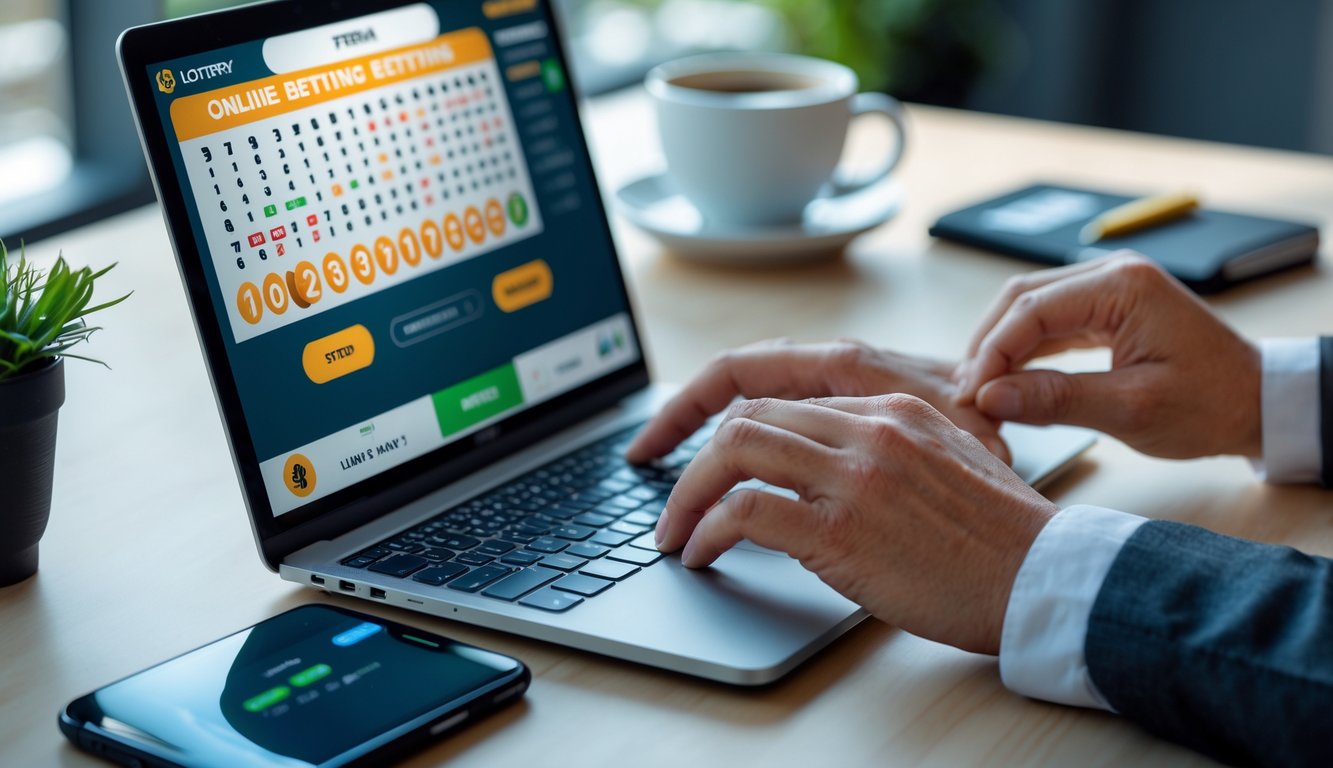 Seorang pengguna sedang mengoperasikan laptop dengan antarmuka taruhan togel online, di meja kerja yang rapi dengan smartphone dan cangkir kopi.