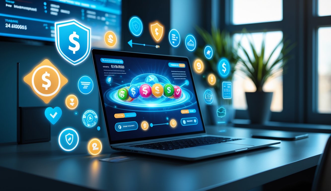 Seorang pria menggunakan laptop di meja kerja modern dengan ikon keamanan dan jam yang menunjukkan layanan 24 jam.