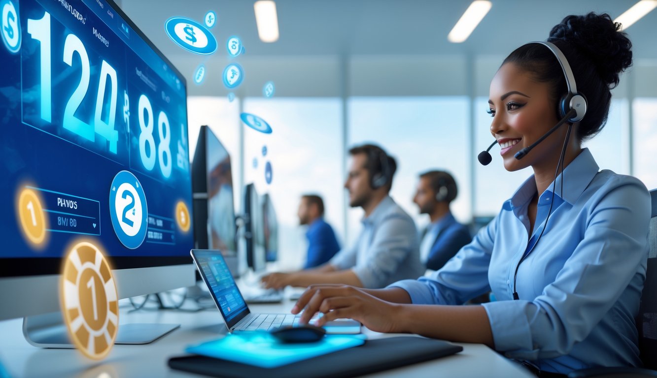 Seorang petugas layanan pelanggan dengan headset sedang tersenyum di depan komputer di ruang kantor yang terang dan modern, dengan elemen digital yang menggambarkan layanan togel online cepat bayar dan resmi.