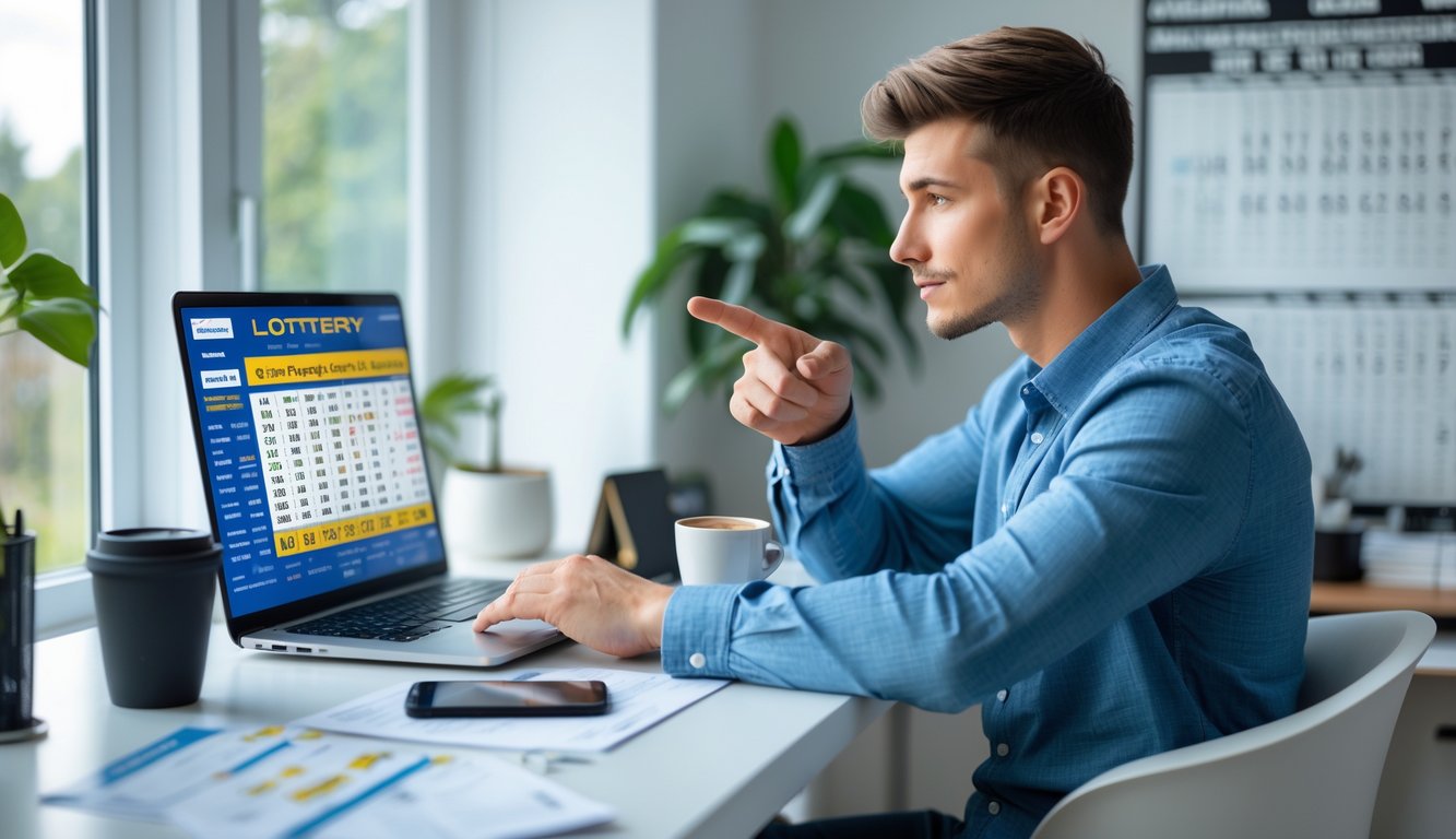 Seorang pria muda duduk di meja dengan laptop, melihat hasil togel dan membuat catatan di ruang kerja yang terang.