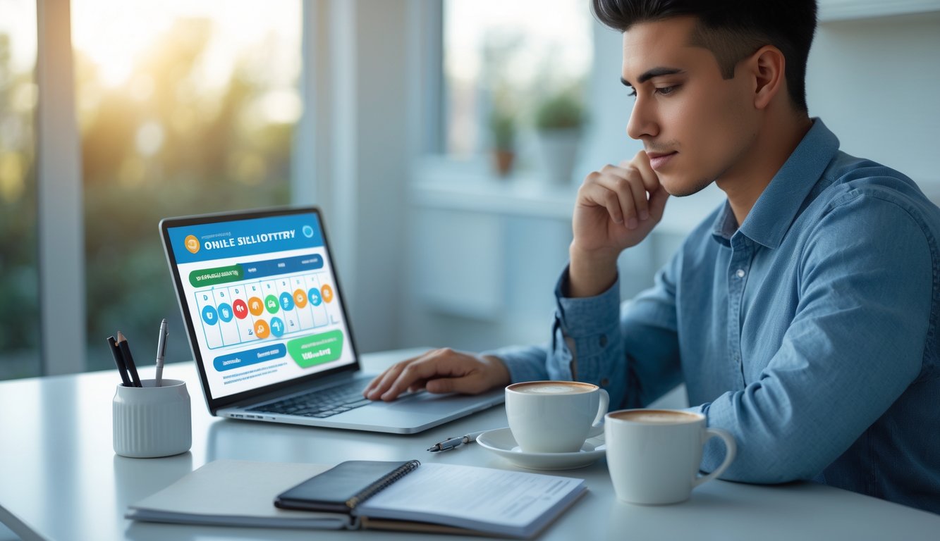 Seorang dewasa muda duduk di meja kerja dengan laptop, terlihat fokus menggunakan situs togel online, di ruang kerja rumah dengan cahaya alami.