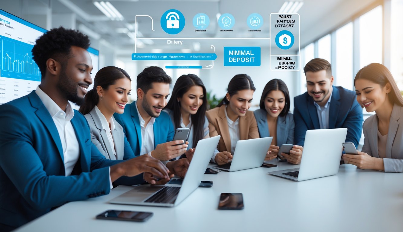 Sekelompok orang menggunakan perangkat digital di kantor modern, menunjukkan aktivitas taruhan togel online dengan pembayaran cepat dan deposit minimal rendah.