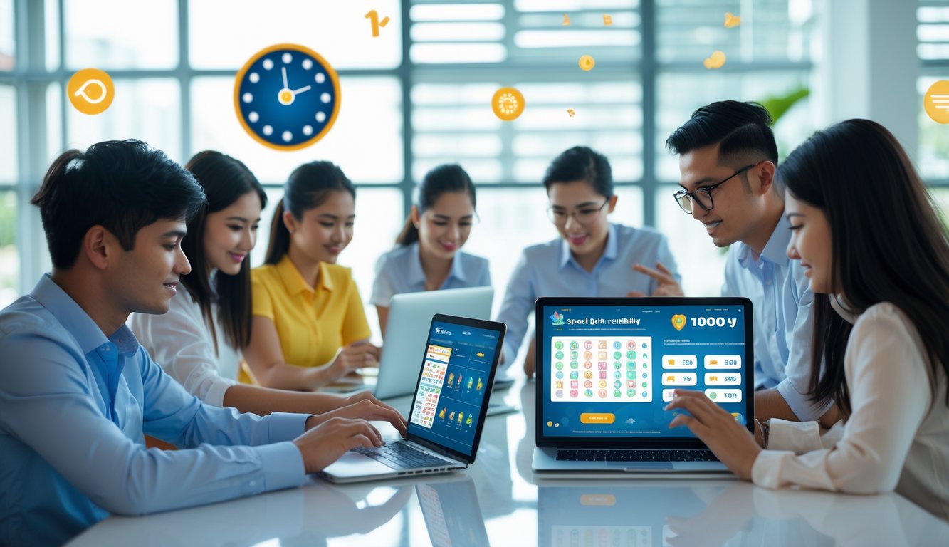 Sekelompok orang muda menggunakan laptop dan ponsel di kantor modern dengan cahaya alami, fokus pada aktivitas permainan togel online.