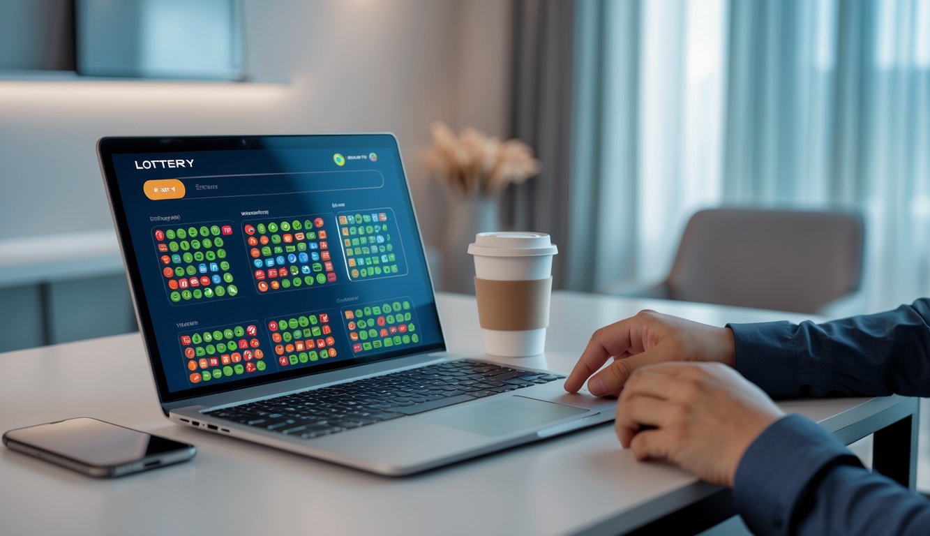 Seorang pengguna laptop di meja kerja modern dengan layar menampilkan antarmuka permainan togel online, dikelilingi oleh ponsel dan cangkir kopi.
