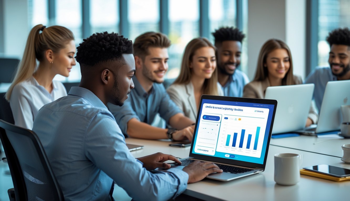 Sekelompok orang muda sedang bekerja bersama di kantor modern dengan laptop dan perangkat digital.