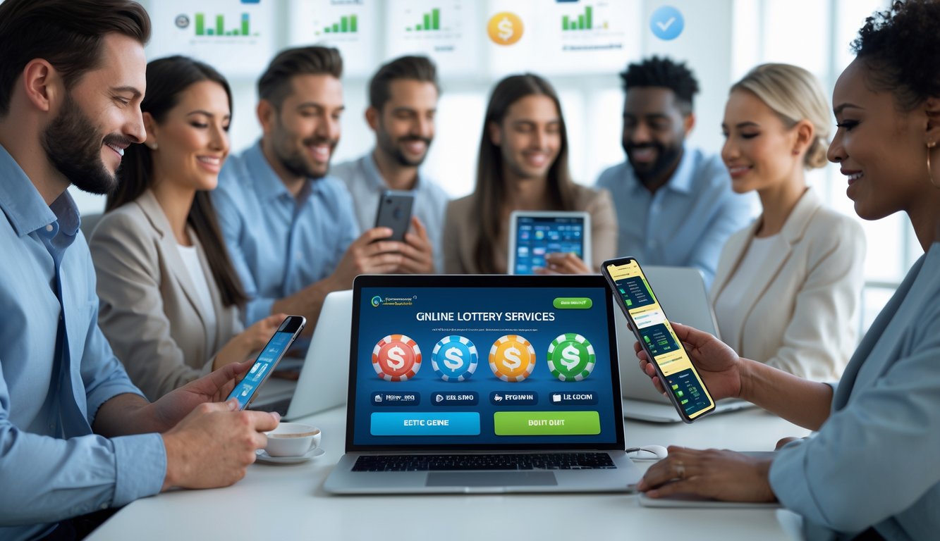 Sekelompok orang menggunakan perangkat digital di ruang kerja modern, menunjukkan aktivitas terkait layanan togel online dengan pembayaran cepat dan bonus besar.