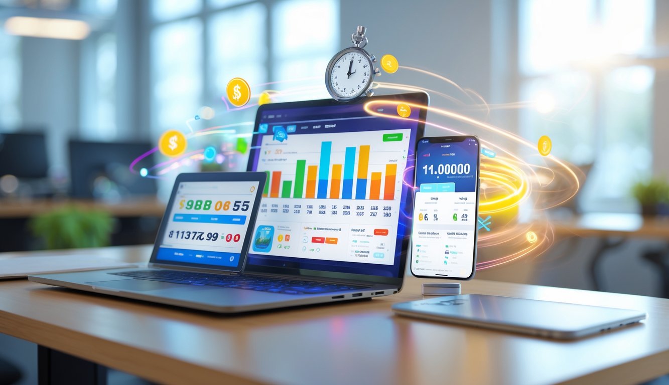 Seorang pengguna sedang mengoperasikan laptop dan ponsel pintar yang menampilkan antarmuka platform togel online dengan grafik dan angka di atas meja kayu di ruang kantor yang terang.