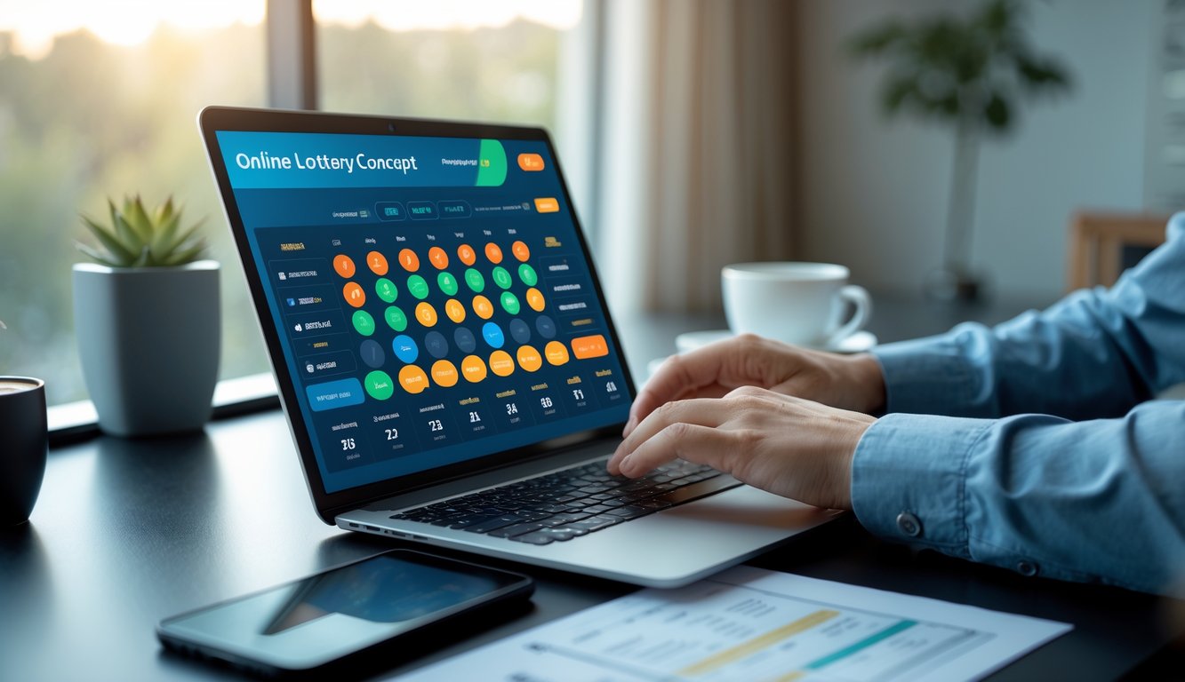 Seseorang menggunakan laptop di meja kerja dengan layar menampilkan dashboard lotere digital, dikelilingi oleh smartphone, kopi, dan dokumen keuangan.