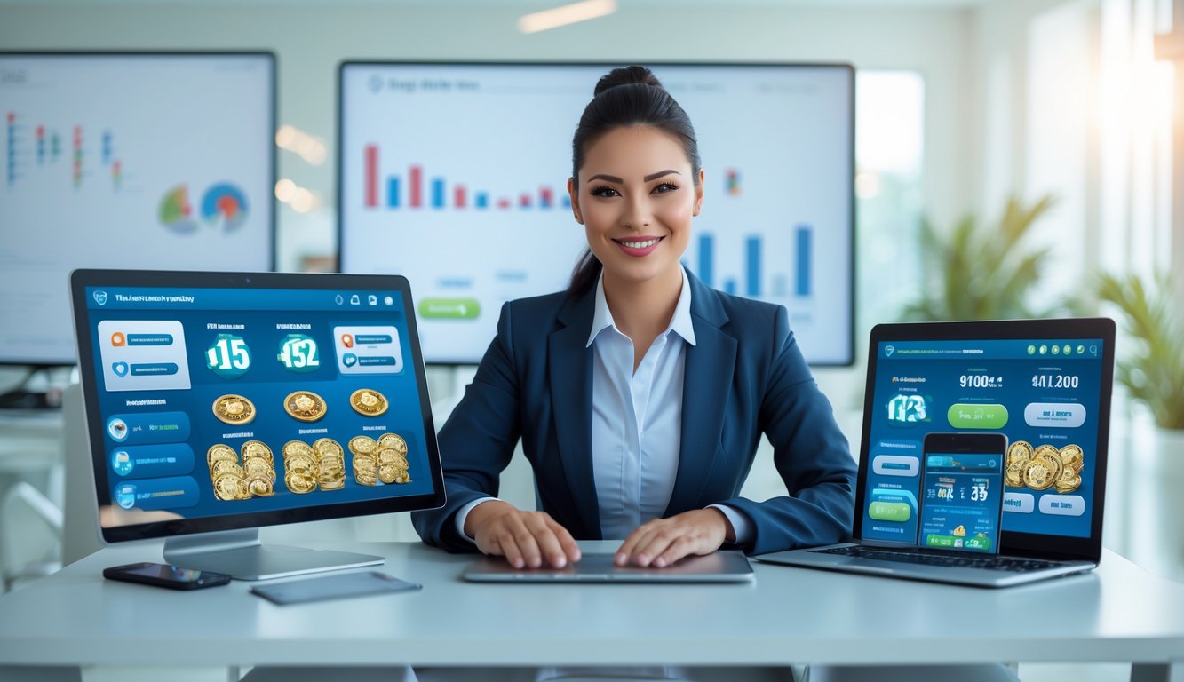 Seorang profesional duduk di meja modern dengan laptop dan ponsel yang menampilkan antarmuka terkait togel, tersenyum dengan latar kantor yang terang dan bersih.