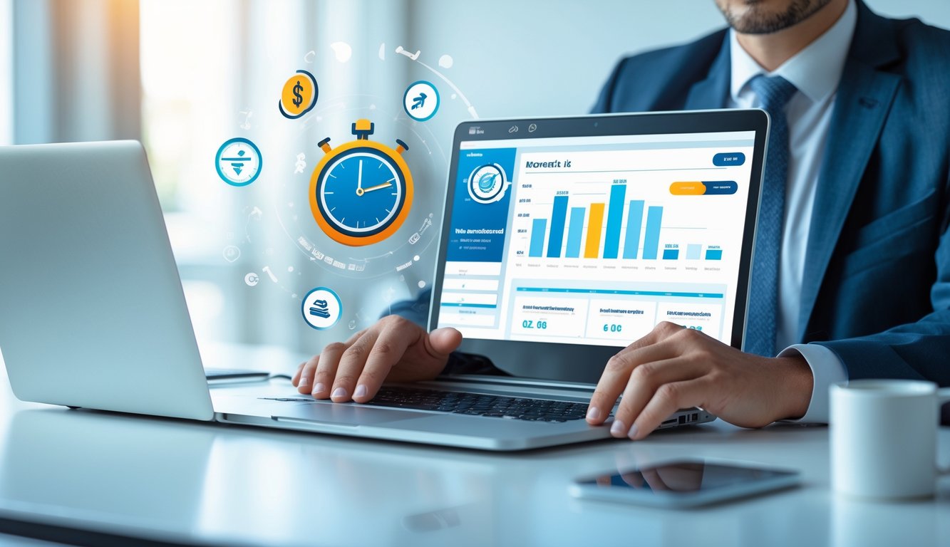 Seorang profesional duduk di meja dengan laptop terbuka menampilkan grafik keuangan dan ikon transaksi digital di sekitarnya, menggambarkan keunggulan pembayaran cepat di platform togel online.