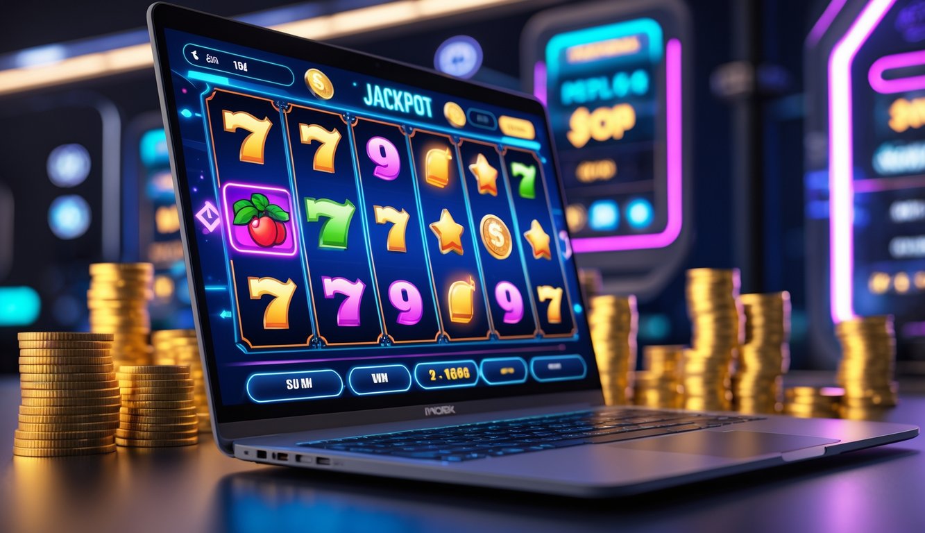 Seorang pemain menggunakan komputer dengan tampilan permainan slot online yang penuh warna dan simbol kemenangan, di lingkungan gaming modern dengan cahaya neon dan koin berkilauan.