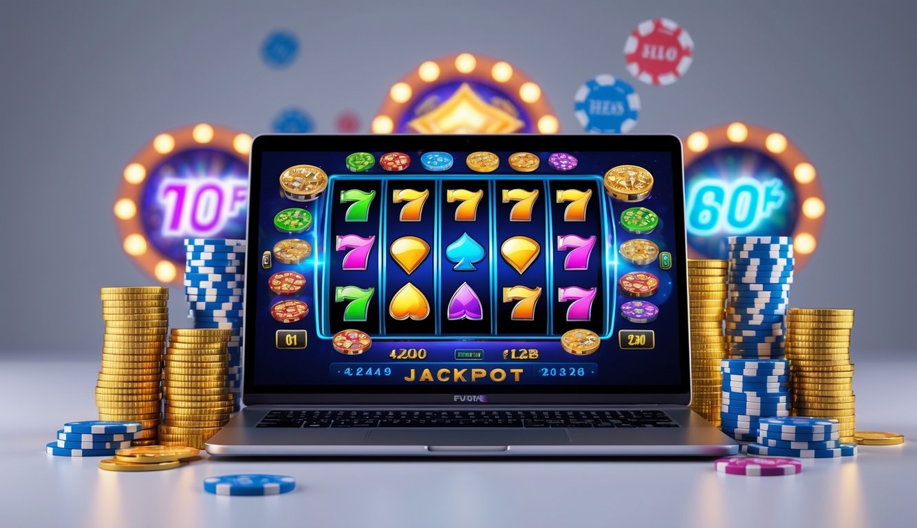 Sebuah meja dengan komputer menampilkan permainan slot online berwarna-warni, dikelilingi tumpukan koin dan chip poker.