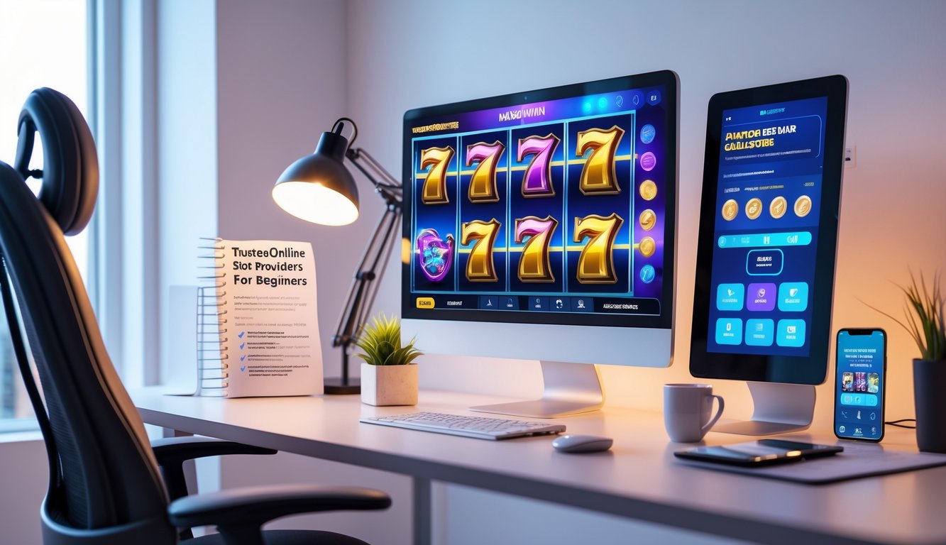 Meja kerja modern dengan komputer menampilkan permainan slot online, kursi ergonomis, dan suasana yang nyaman untuk pemula bermain slot online.