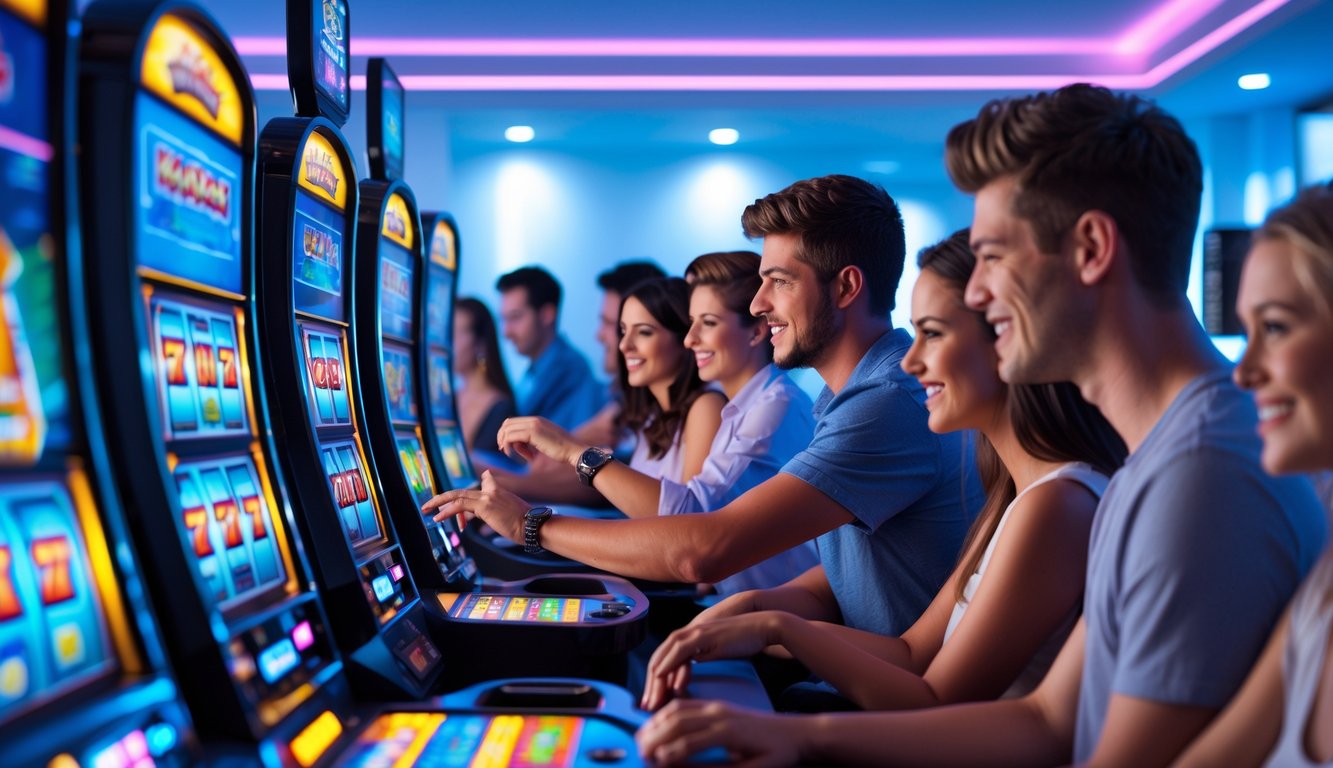 Sekelompok orang muda menggunakan mesin slot digital di ruangan terang dengan suasana yang menyenangkan dan fokus.
