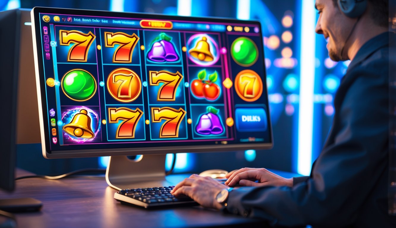 Seseorang sedang bermain slot online di komputer dengan layar menampilkan permainan slot berwarna-warni.