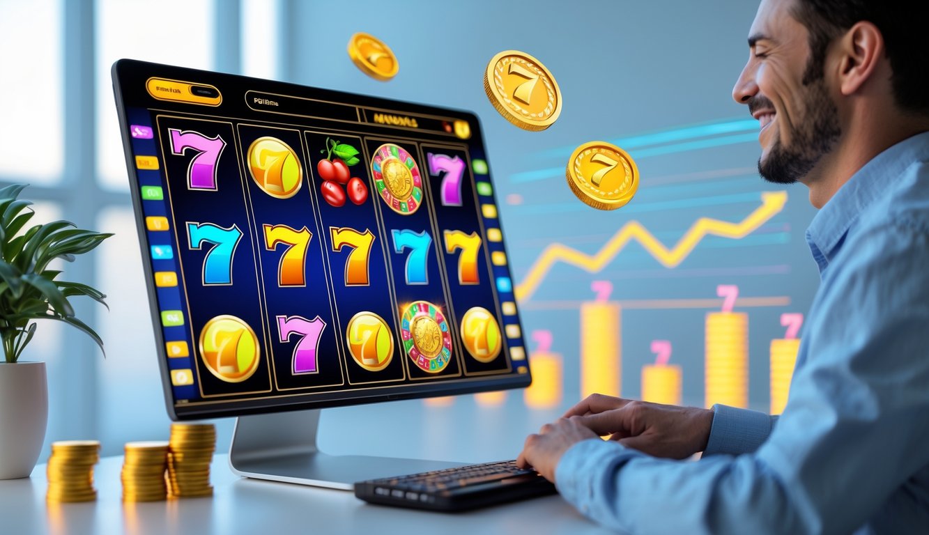 Seorang pria duduk di depan komputer dengan layar menampilkan permainan slot online dan koin digital yang bersinar di sekitarnya.