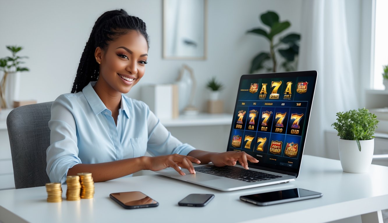 Seorang dewasa muda duduk di meja modern sambil bermain game slot online di laptop dengan ekspresi senang dan fokus.