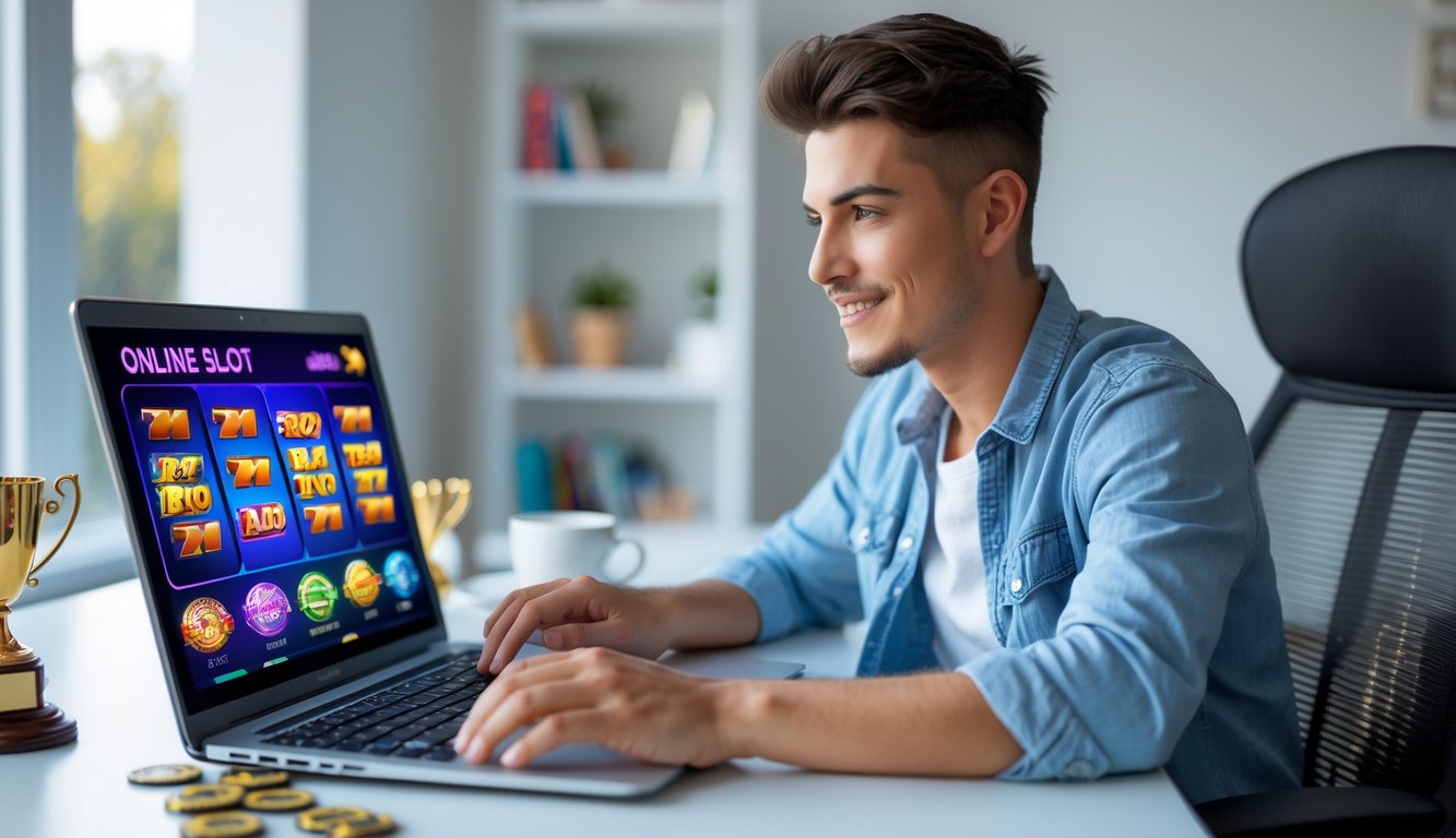 Seorang dewasa muda duduk di meja dengan laptop yang menampilkan permainan slot online, di ruang kerja rumah yang terang dan rapi.