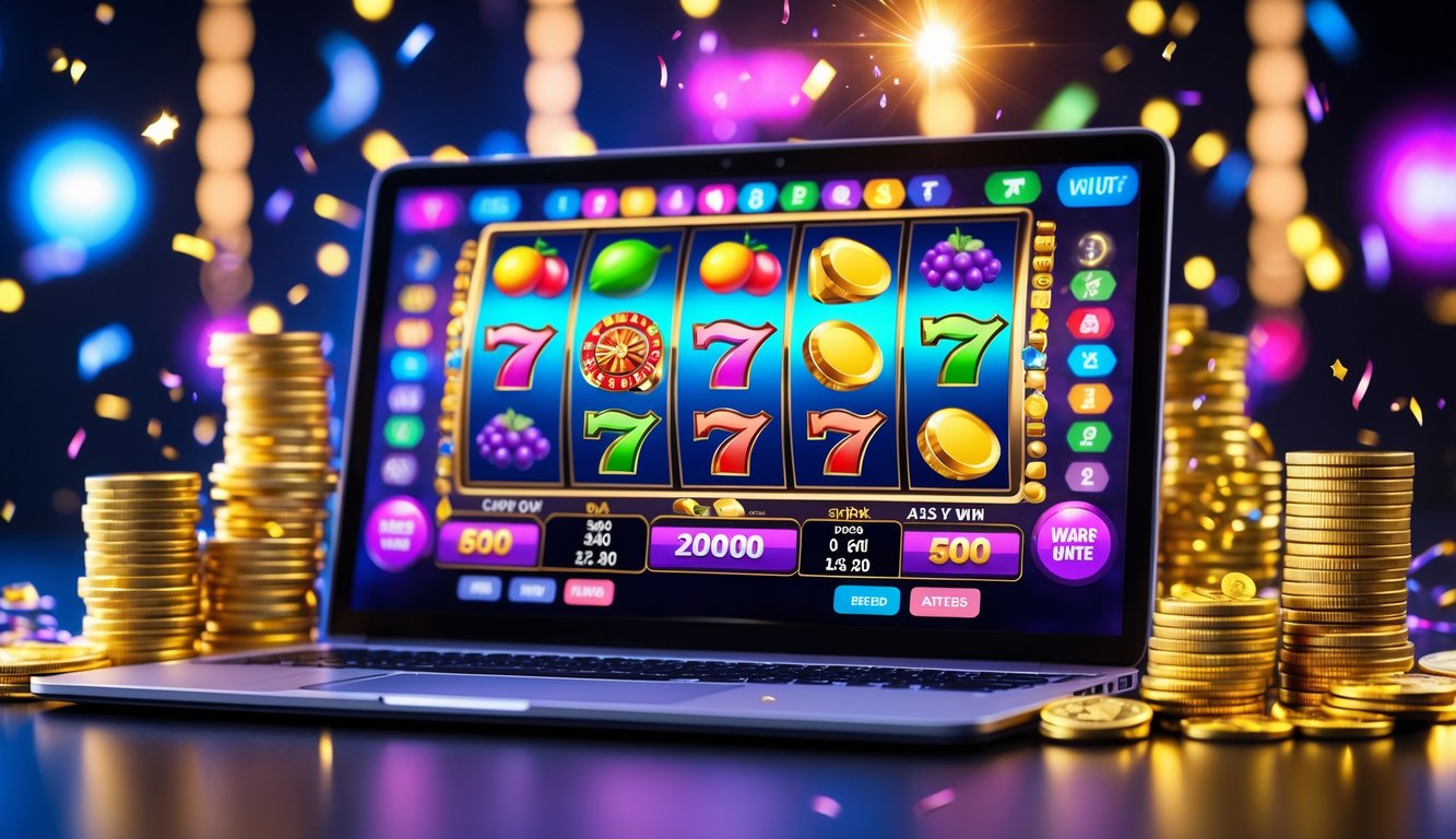 Layar komputer menampilkan permainan slot online dengan simbol warna-warni dan tumpukan koin emas di sekitarnya.