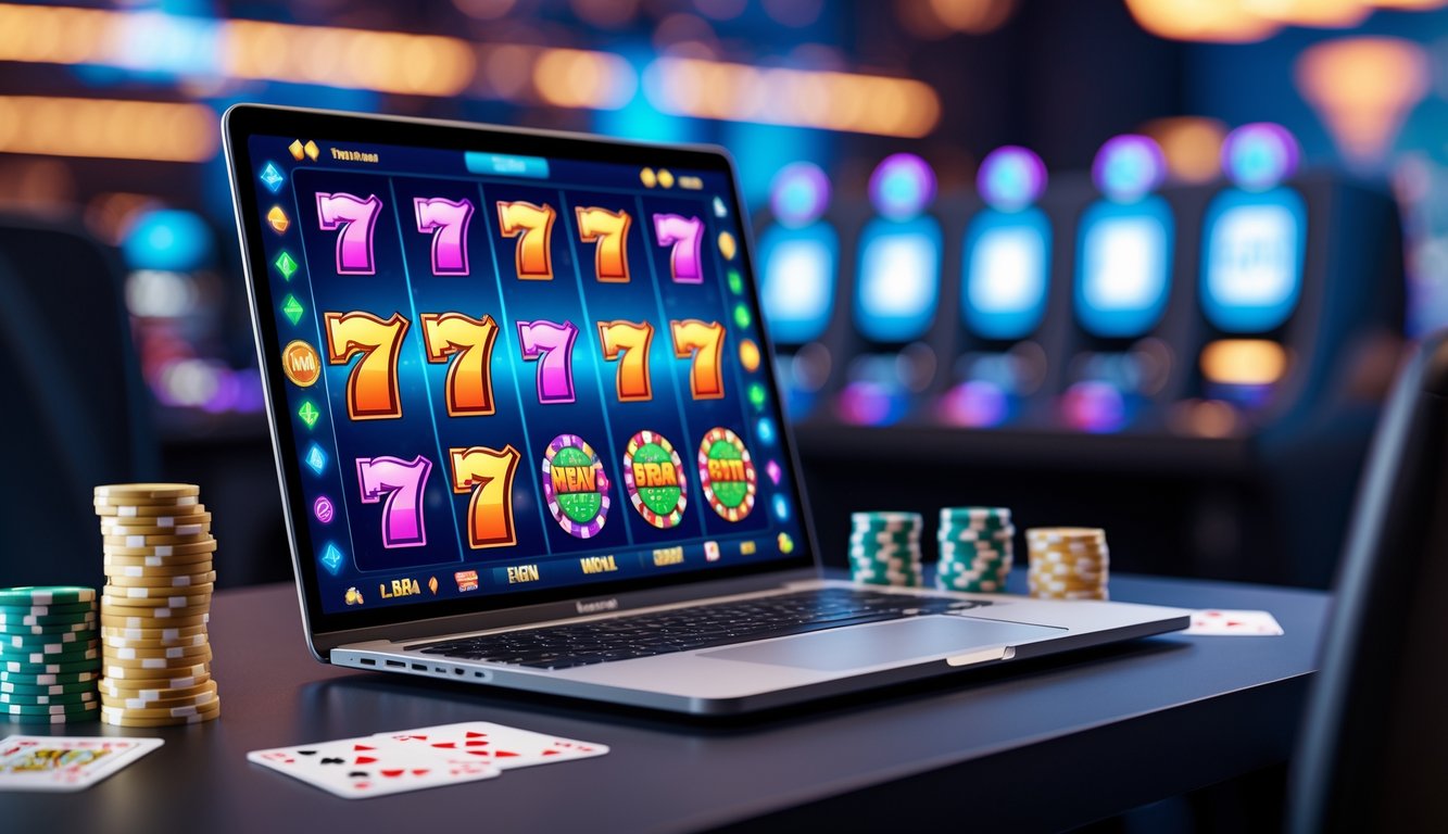 Seorang pemain menggunakan laptop dengan layar menampilkan permainan slot online berwarna-warni di meja yang rapi dengan chip poker dan kartu remi, suasana terang dan dinamis.
