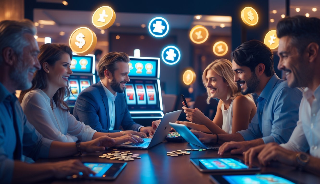 Beberapa orang sedang bermain permainan slot online di perangkat digital di ruangan yang terang dan modern.