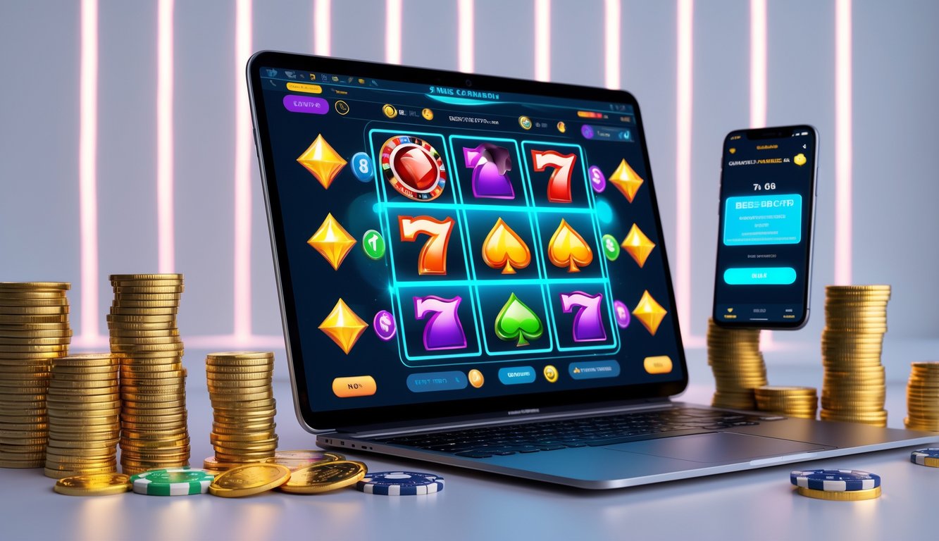 Sebuah meja dengan komputer yang menampilkan permainan slot online berwarna-warni, dilengkapi dengan tumpukan koin emas dan chip poker di sekitarnya.