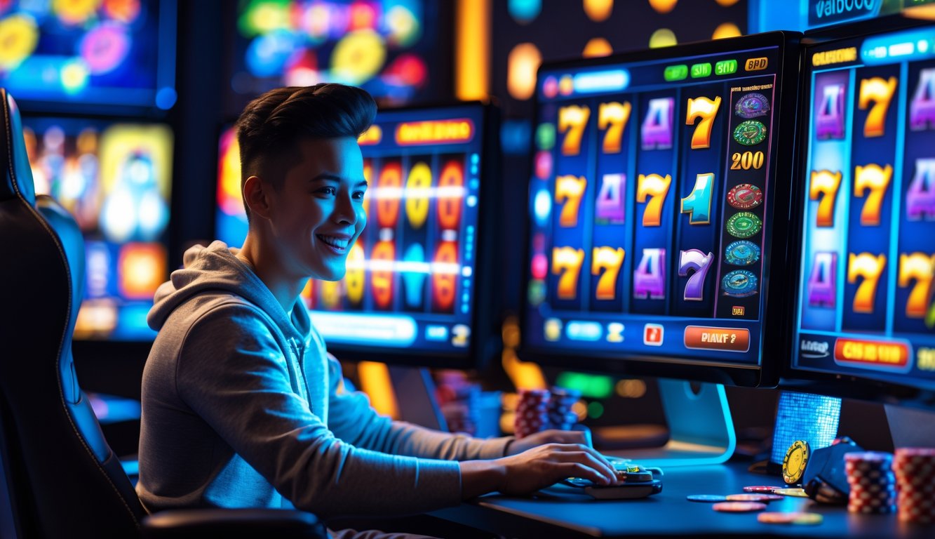 Seseorang duduk di depan komputer dengan layar menampilkan permainan slot online yang berwarna-warni di sebuah ruangan modern.