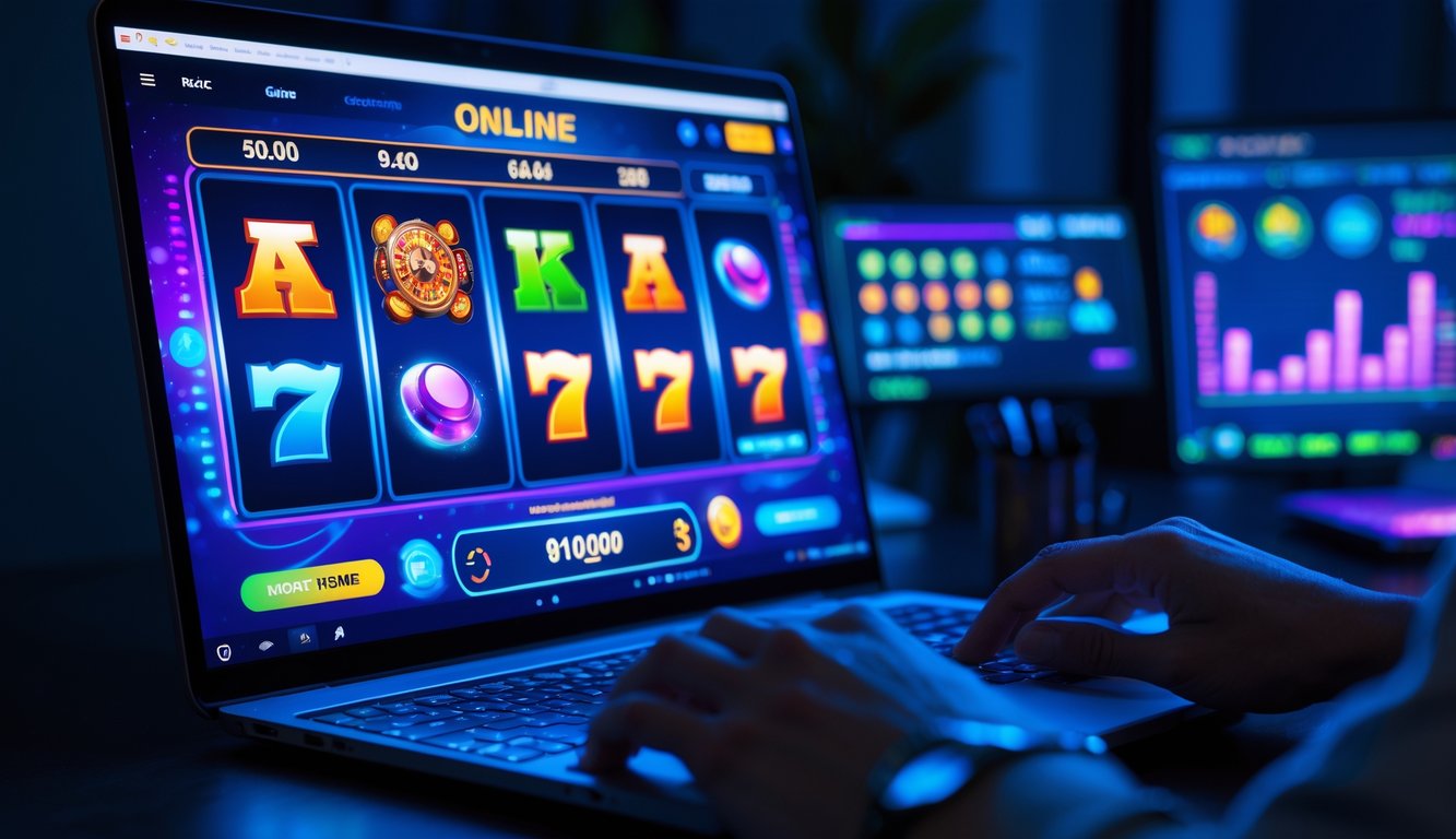 Seseorang bermain permainan slot online di komputer dengan latar ruangan gelap dan pencahayaan biru ungu.